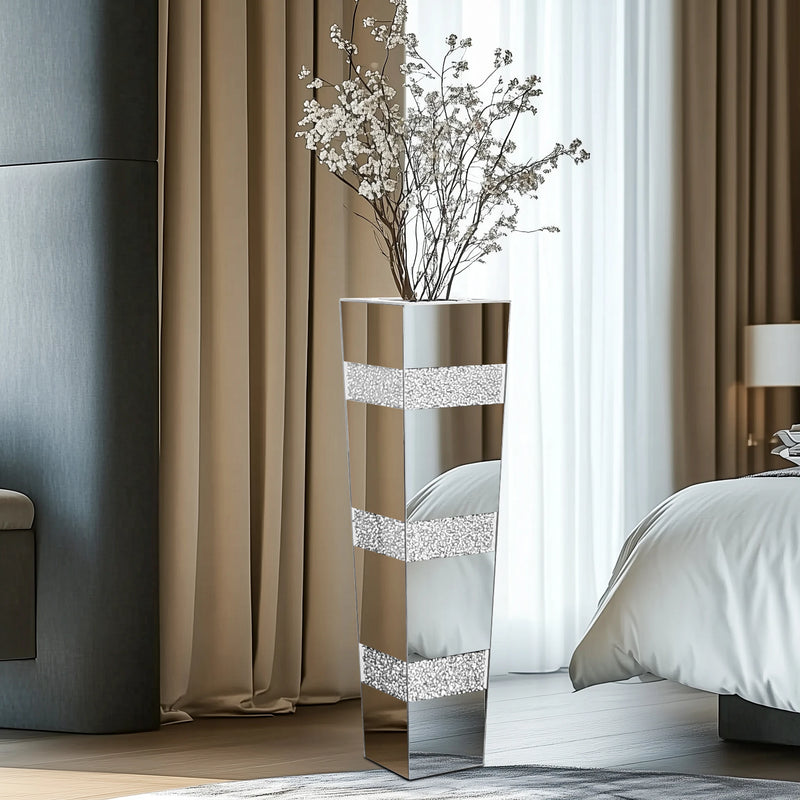 Grand vase miroir sur pied, vase en verre à effet diamant concassé pour la décoration intérieure en cristal