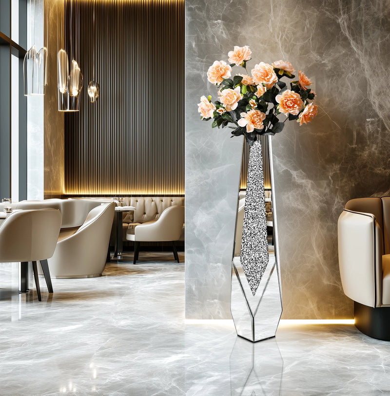 Grand vase miroir sur pied, vase en verre à effet diamant concassé pour la décoration intérieure en cristal