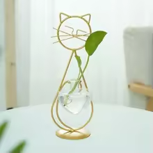 Vase hydroponique en verre en forme de cœur avec support en métal, vase en forme de chat soudé à la main