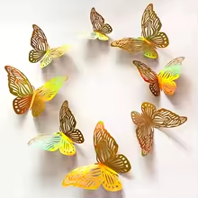 Lot de 12 autocollants muraux papillons 3D dorés ajourés pour décoration